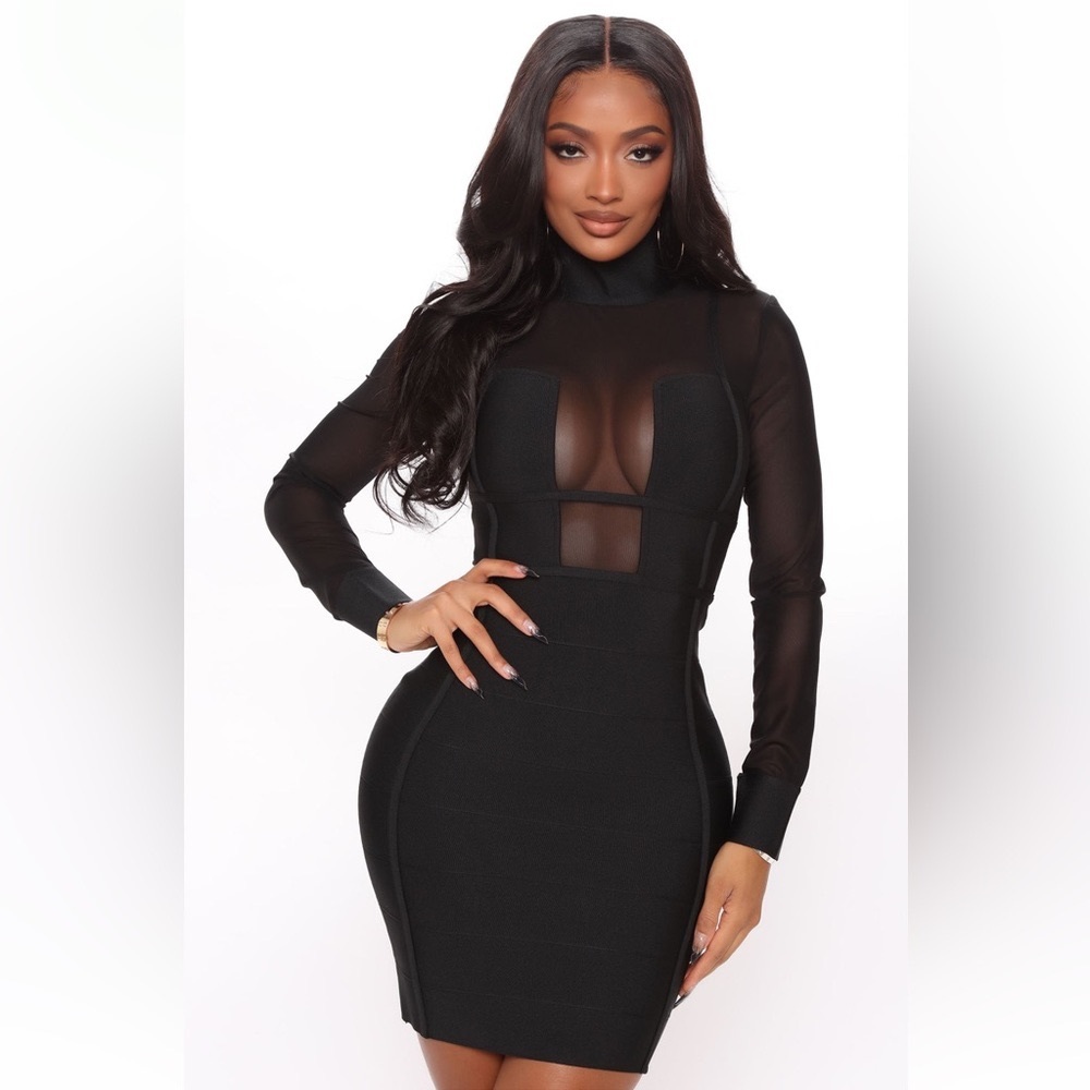 Long Sleeve Black Mesh Bondage Midi Dress